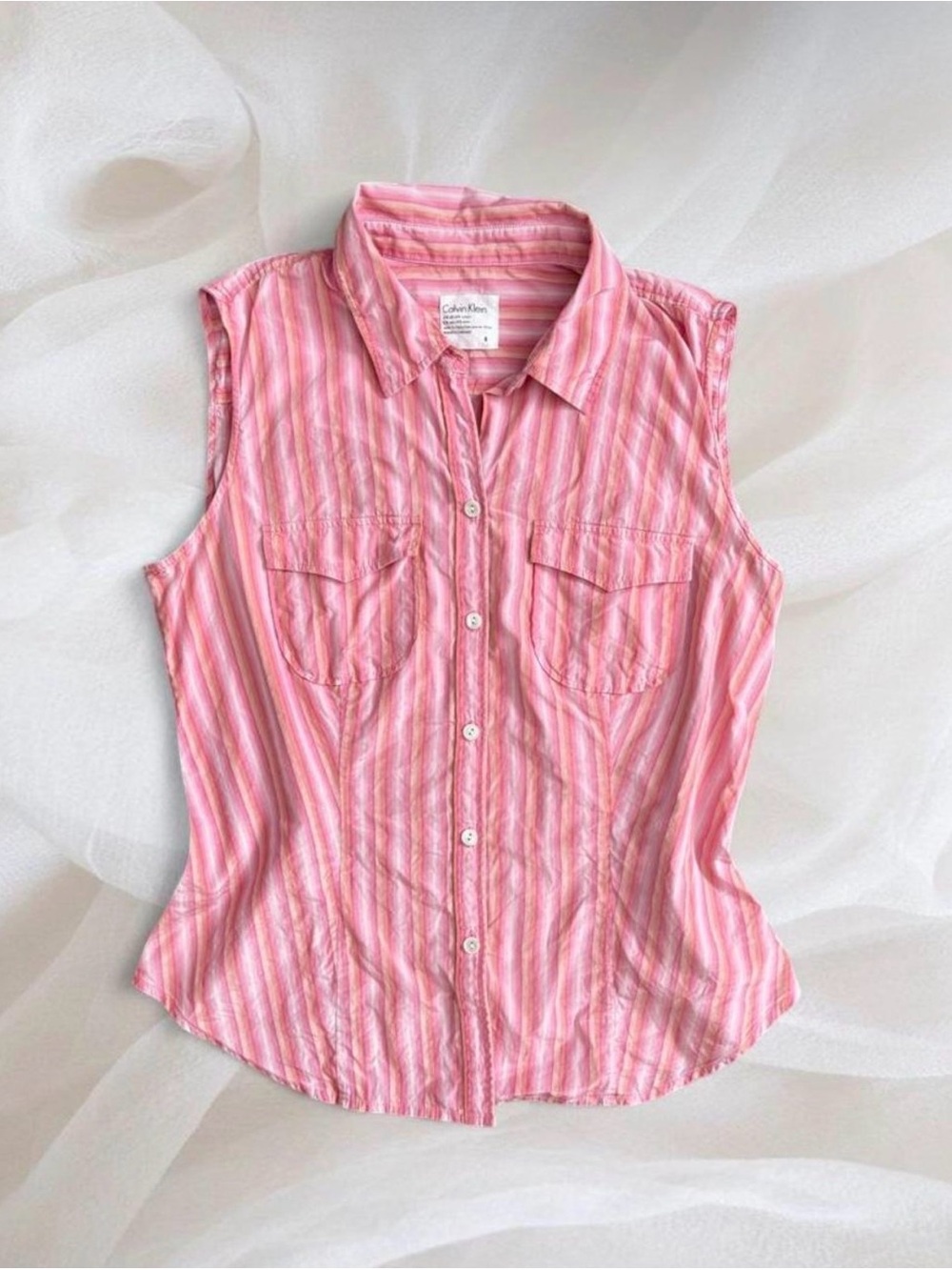 00s Calvin Klein Silk Cotton Pink Peach Striped Shirt Preppy Cottage Premium
